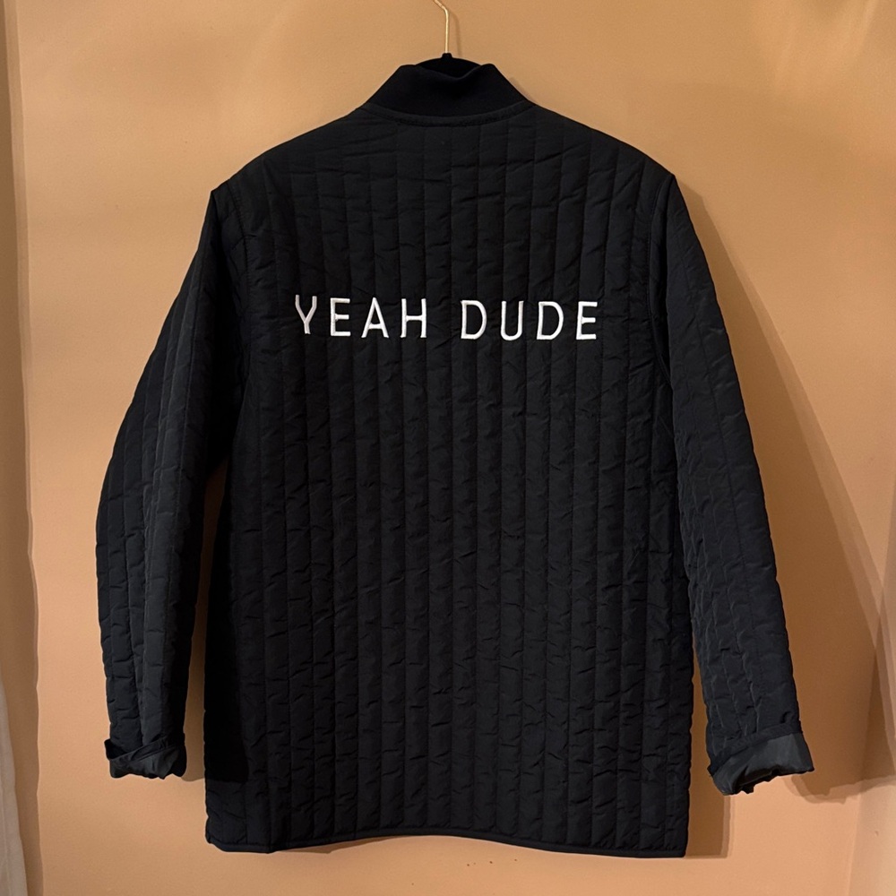 Zara Black Quilted Bomber Jacket with 'You Totally Can' Embroidery